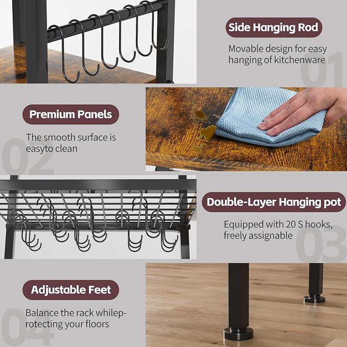 5-Tier Pot and Pan Organizer Rack with Hooks, Heavy-Duty Kitchen Storage Shelf for Cookware, Dishes, and Utensils, Freestanding Metal Pot Rack Organizer for Kitchen, Pantry, or Dining Room - Image 7