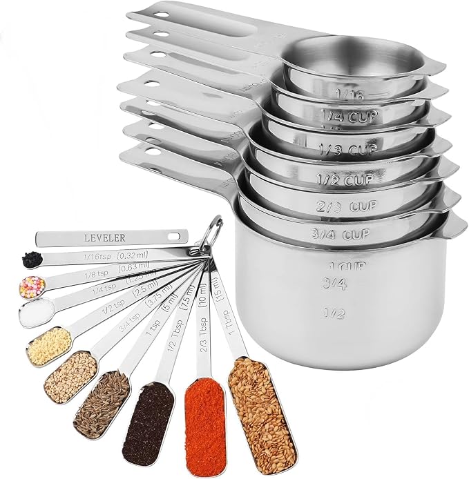 Measuring Cups and Spoons Set 17, Metric & US 18/8 Stainless Steel Measuring Cups and Spoons Set for Baking & Kitchen, Dry & Liquid Metal Measure Cup and Long Handle Spoons for Spice Jar by zoyizi