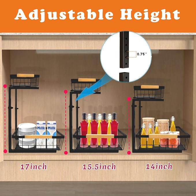 2 Pack Under Sink Organizer Cabinet for Kitchen Bathroom, 2 Tier Metal Slide Out Under Sink Drawers, Adjustable Height, Under Sink Pull Out Organizers and Storage, Black, 13.7" H-17 H - Image 2