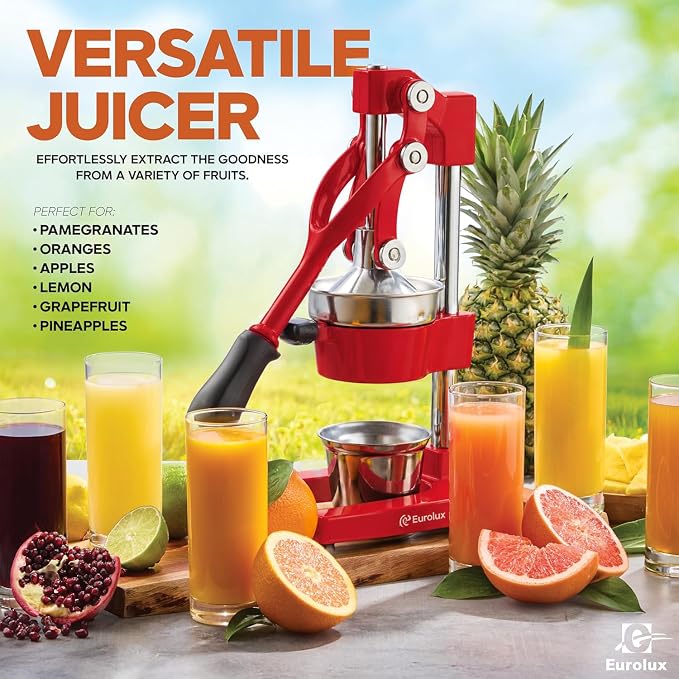 Eurolux Ultra-Premium Cast Iron Juicer | Extra-Large, Heavy Duty, Commercial Grade, Stainless Steel Manual Hand Press Citrus Squeezer For Fresh Orange Juice, Pomegranate, Lemon, and Much More (Red) - Image 6
