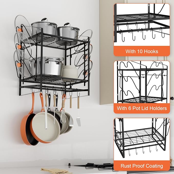 VyGrow 17 Inch Pot Rack Wall Mounted, 2 Tier Pots and Pans Organizer with 10 Hooks and 6 Pot Lid Holders, Heavy Duty Steel Pot and Pan Hanger for Kitchen Cookware Utensils Storage 24" Lx13 Wx20.5 H - Image 5