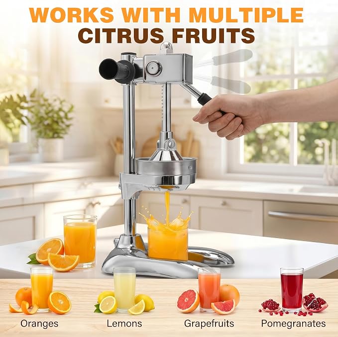 Stainless Steel Manual Citrus Juicer with Stable Countertop Base | Cast Iron Juicer, Hand Juice Squeezer, Gear-Drive Rotary Press for Oranges, Lemons, Pomegranates - Image 6