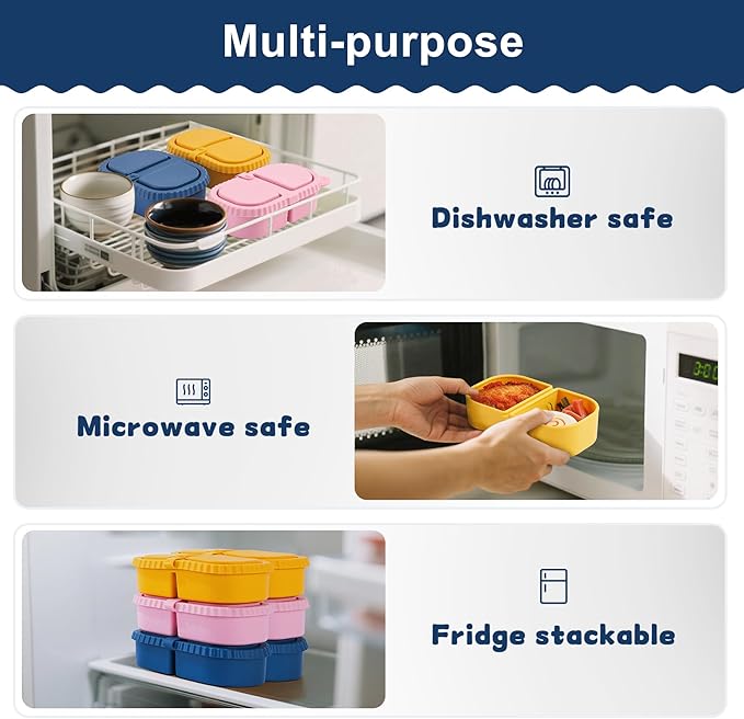 3 Pack Silicone Reusable Snack Containers with Lids - 8 oz Double Compartment Snackle Box for Kids & Adults, BPA-Free & Leakproof, Small for Dressing, Snacks, School, Office, Picnic - Image 5