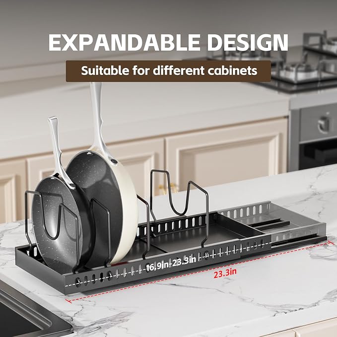 2 Pack Pots and Pans Organizer Under Cabinet, Expandable Pull Out Pot Lid Organizer with 10 Adjustable Dividers, Slide Out Pan Organizers Inside Cabinet for Kitchen Cabinets Drawers - Image 4