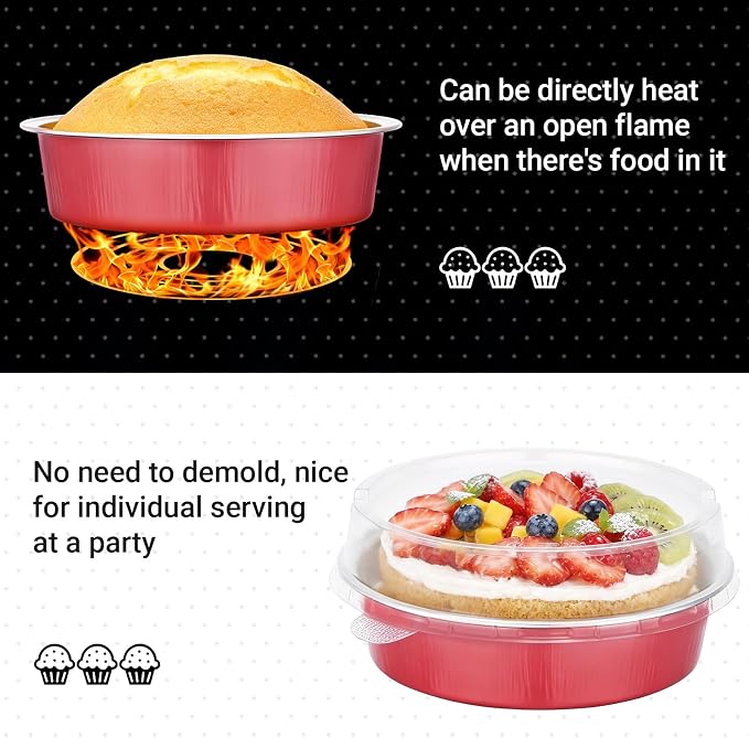 Beasea 7.3oz Disposable Mini Pie Tins with Lids, 20 Pack 215ml Grapefruit Pink Aluminum Baking Cups Foil Pie Tins Small Round Tart Container for Individual Dessert Cupcake Muffin Cheesecake Quiche - Image 3