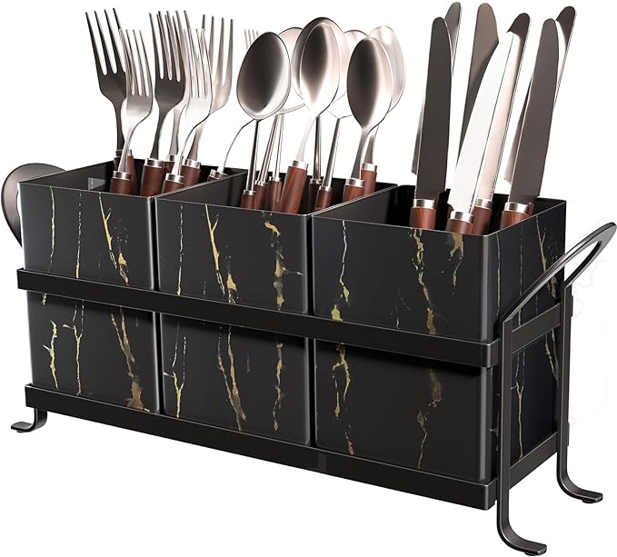 Classic Farmhouse Kitchen Organizer - Exquisite Black Gold Marble Metal Silverware Caddy, 3 Spacious Compartments, Ideal for Cutlery, Cooking Tools & More by GaryVault