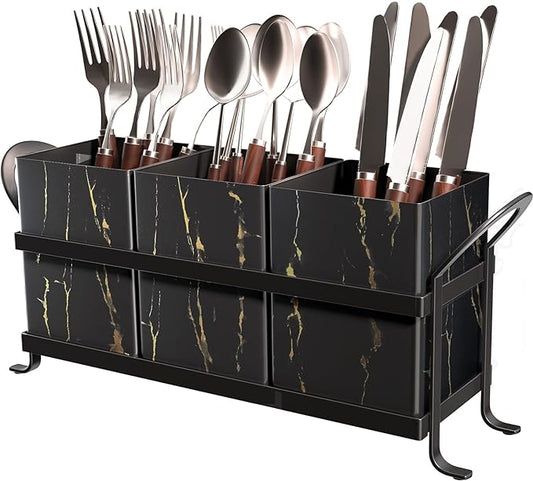 Classic Farmhouse Kitchen Organizer - Exquisite Black Gold Marble Metal Silverware Caddy, 3 Spacious Compartments, Ideal for Cutlery, Cooking Tools & More by GaryVault