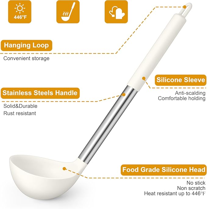 LIANYU 15 Pcs Cooking Kitchen Utensils Set with Stainless Steel Handle | Silicone Kitchen Gadgets with Holder, Heat Resistant Spatula Tools, Brush Spoon Tong Whisk Ladle Turner for Cookware, White - Image 3