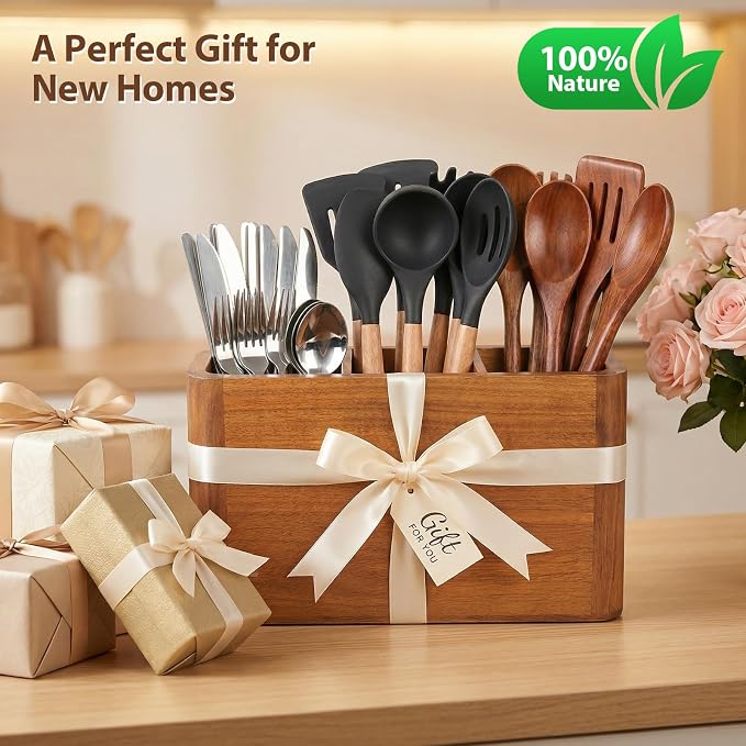 Kitchen Utensil Holder for Counter and Countertop, Acacia Utensil Organizer for Wooden Spoon Set, Large Drying Holder for Kitchen, 3-Compartment Storage for Cooking Utensils, Kitchen Decor - Image 9
