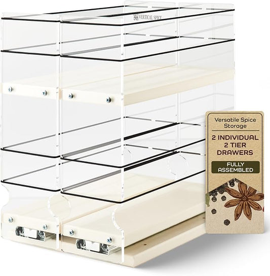 Large Pullout Sliding Spice Rack Organizer - 2 Individual 2 Tier Drawers - Premium Rolling Seasoning Holder/Caddy for Hidden Pantry Storage - Made in USA (6.9''W x 10.75" H x 10.6''D) by VerticalSpice