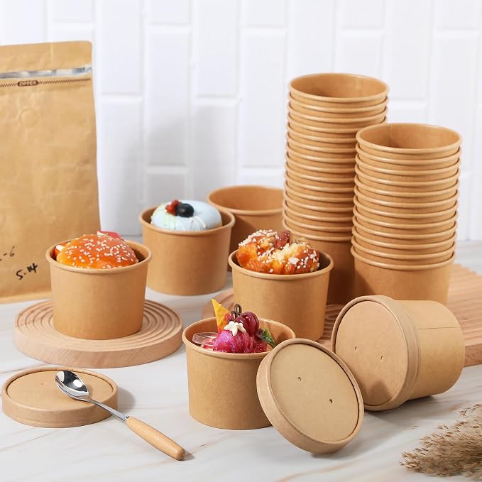 Fulmoon 100 Pack Paper Soup Containers with Lids Disposable Paper Food Containers with Vented Lid Kraft Ice Cream Cake Dessert Cups Soup Bowl for Party Hot Food Fruit Microwave(12 oz,Brown) - Image 4