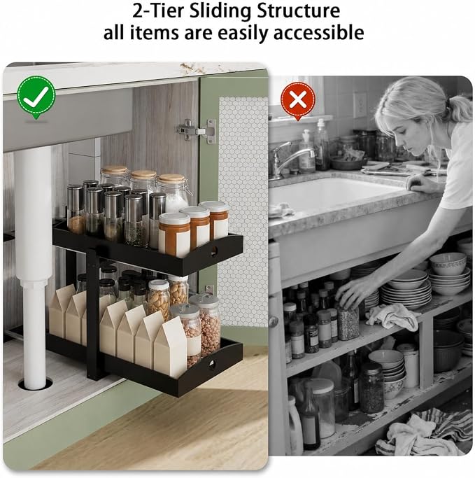Bamboo Under Sink Organizer 2 Tier Pull Out Cabinet Storage Drawer - Image 6