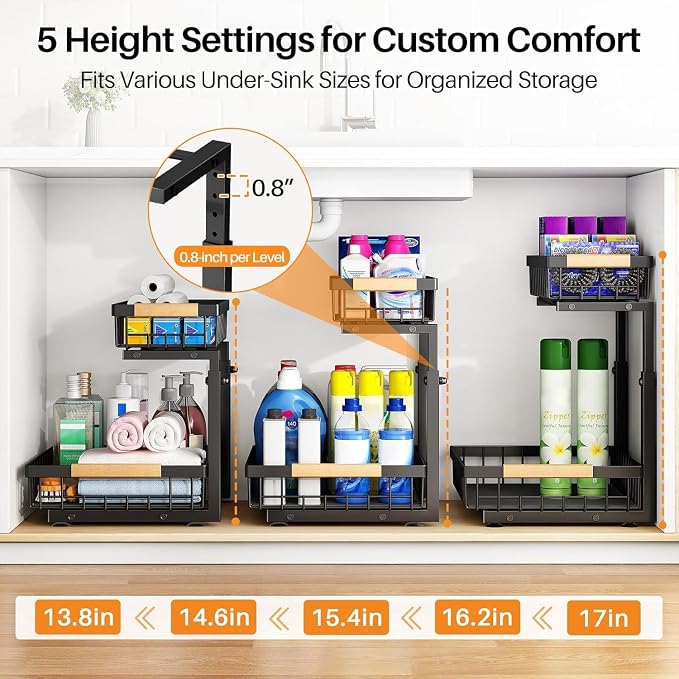 PXRACK Under Sink Organizer, Adjustable Height, 2 Tier Pull Out Under Cabinet Organizer, Slide Out Thickened Metal Under Sink Storage for Kitchen Bathroom Laundry Pantry Cabinet, Black, Small-2-Pack - Image 5