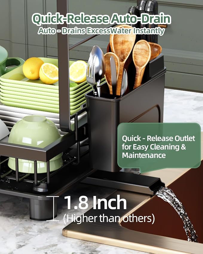 Dish Drying Rack, 2 Tier Space-Saving Dish Rack, Multifunctional Dish Drainer for Kitchen Counter with Drainboard/Utensil/Cup Holder Rustproof Carbon Steel, Black - Image 5