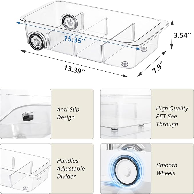 Roll-Out Refrigerator Organizers and Storage, 2 Pack Drawer Fridge Bins | Silicone Wheels, Adjustable Dividers, Thick Clear PET, Built-In Handle, for Fridge, Pantry, Bathroom & Kitchen Organization - Image 2