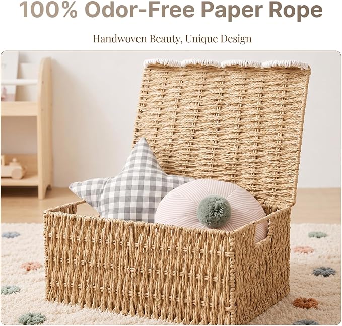 Wicker Basket with Scalloped Edge Lid, Water Hyacinth Storage Basket with Built-in Handles, Handwoven Wicker Box for Living Room, 15" L x 11 ¼" W x 7" H (Paper Rope) - Image 3