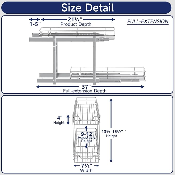 2-Tier Pull Out Cabinet Organizer, 7.5" W x 21.5" D, Heavy Duty Dual Slide Out Shelves for Narrow Base Cabinets, Chrome Wire Basket Drawer for Spices, Bottles & Snacks - Image 2