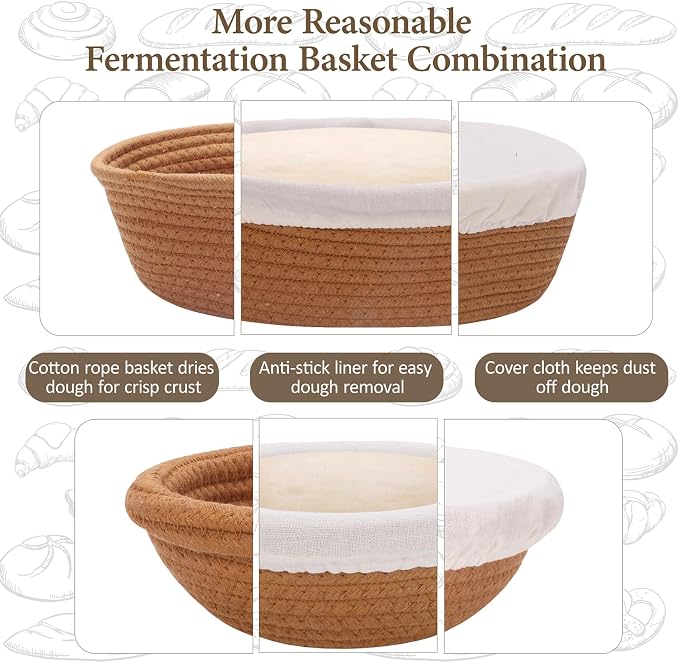 5 Inch Cotton Banneton Proofing Basket Set of 6, Mini Sourdough Bread Baking Kit, Small Artisan Dough Baskets with Cover and Liner for Homemade Bread Baking Supplies (Grey, 5 Inch) - Image 3