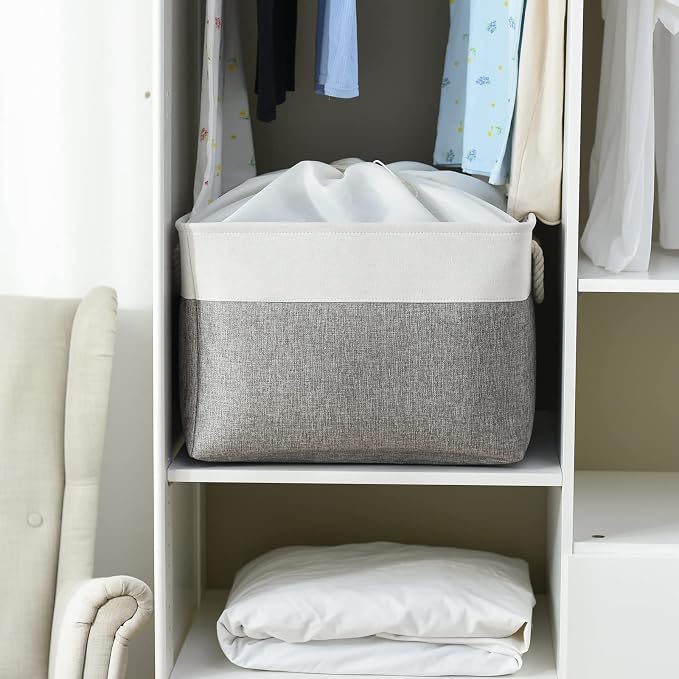 Storage Bins Baskets for Organizing, 20.5L×15.7W×13.8H 3 Pack Sturdy Fabric Storage Basket W/Handles, Decorative Foldable Storage Baskets for Shelves Closet Nursery Toy (White & Grey) - Image 2