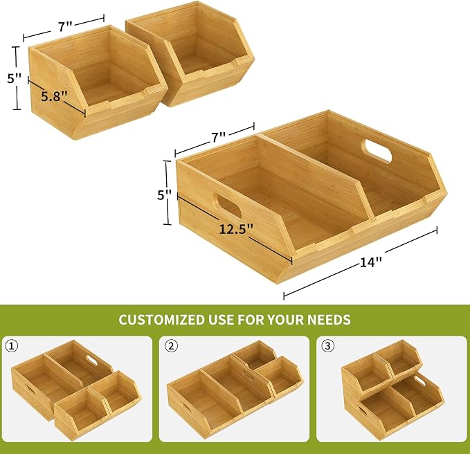 Bamboo Pantry Storage Bins Set, Potato and Onion Storage Bin for Countertop | Open Front Storage Bins, Large Capacity, Stackable Design, Cut-out Handles, FSC-certified Bamboo, No Assembly - Image 7