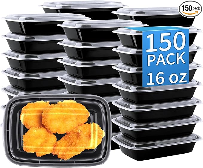16oz Meal Prep Containers, 150 Sets Disposable Food Storage Boxes with Lids | Small, Single Compartment, Leakproof Lids, BPA Free, Microwave Freezer Safe, Plastic To Go Bento Boxes for Lunch Takeout by Apsic