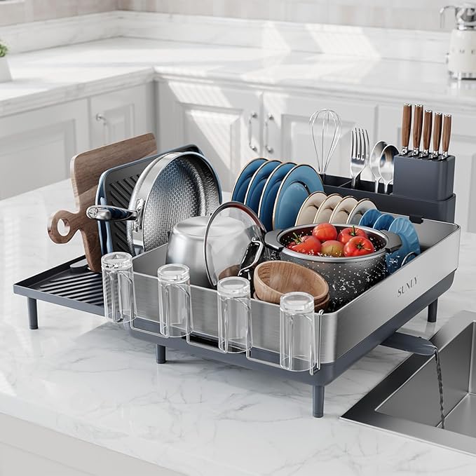 Large Dish Drying Rack, Expandable Dish Racks for Kitchen Counter, Space Saving 304 Stainless Steel Drying Rack Kitchen, Extra Large Drainer with Multifunctional Flip Up Pegs, Gray by SUNLYHOME