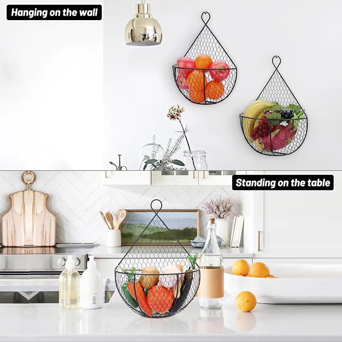 BSTKEY Set of 2,Wall-Mounted Hanging Metal Fruit Vegetable Baskets Hanging Produce Bins for Flowers, Decorations,Veggies,Decorations and More, Black - Image 4