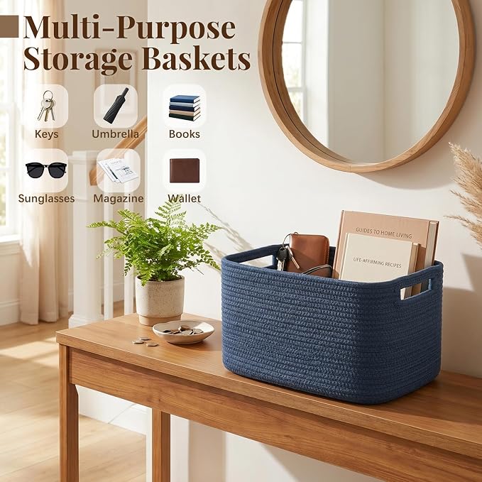 OIASKET 4Packs Natural Cotton Rope Storage Baskets for Organizing Toys, Clothes, Towels & Books, Soft Versatile Organizers for Shelves, Home Decorative Bins, 13''Lx9''Wx7.8''H, Blue - Image 8