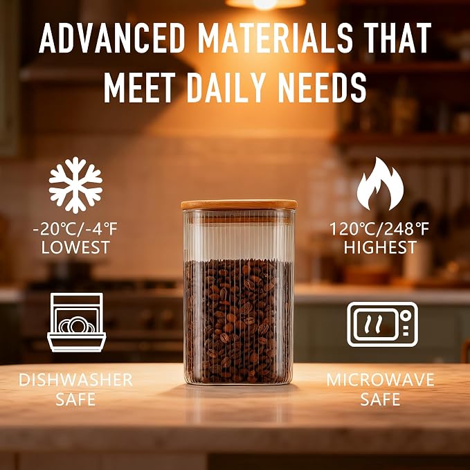 D2scrma 37oz Airtight Glass Square Storage Canisters with Bamboo Lids Set of 4 (1100ml) Striped Stackable Containers, Decorative Kitchen Jars for Tea, Nuts and Coffee (‎with Black Lable) - Image 4
