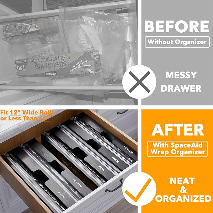 SpaceAid WrapNeat 3 in 1 Wrap Organizer with Cutter and Labels, Plastic Wrap, Aluminum Foil and Wax Bamboo Dispenser for Kitchen Storage Organization Holder for 12" Roll (Black) - Image 2