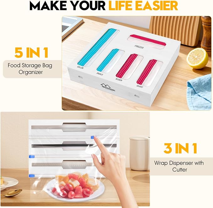 9 in 1 Foil and Plastic Wrap Dispenser with Cutter, White Bamboo Ziplock Bag Organizer for Drawer - Holds Gallon, Quart Bags & Aluminum Foil/Wax Paper, Wall Mountable Kitchen Storage - Image 5