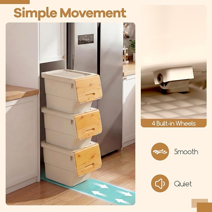 GIANTEX 6 Pack Plastic Stackable Storage Bins with Lids & Wheels, 12.5 QT | Open Front Stacking Bins, Organizer Bins for Pantry, Kitchen, Laundry, Closet, Playroom, Bedroom Organization - Image 5