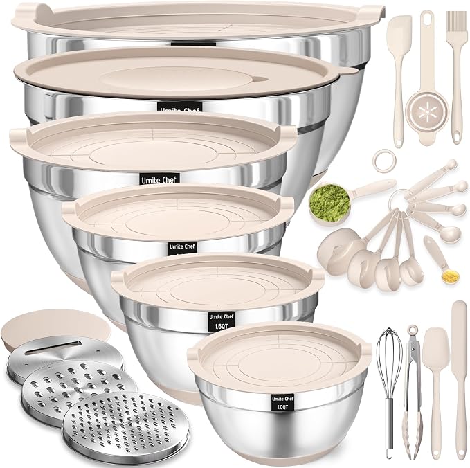 Mixing Bowls with Airtight Lids Set, 26PCS Stainless Steel Khaki Bowls with Grater Attachments, Non-Slip Bottoms & Kitchen Gadgets Set, Size 7, 4, 2.5, 2.0,1.5, 1QT, Great for Mixing & Serving by UmiteChef