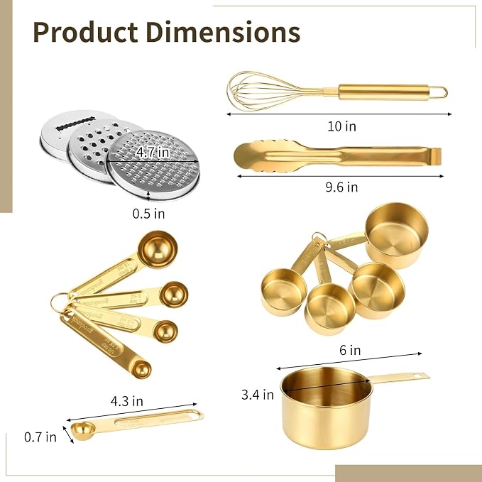 20 PCS Gold Mixing Bowls with Lids Set - 7 Mixing Bowls with 3 Graters, 8 Measuring Spoons, 1 Whisk, and 1 Food Tong, Nesting Bowl Set for Baking, Cooking, Meal Prep - Image 5