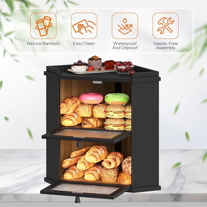 HOOBRO Bread Box, Corner Bread Box for Kitchen Countertop, 2-Tier Bamboo Bread Box, Food Storage Box, Bread Storage Container with Shelf, Bread Bin for Kitchen, Dining Room, Black BK19MB01 - Image 7