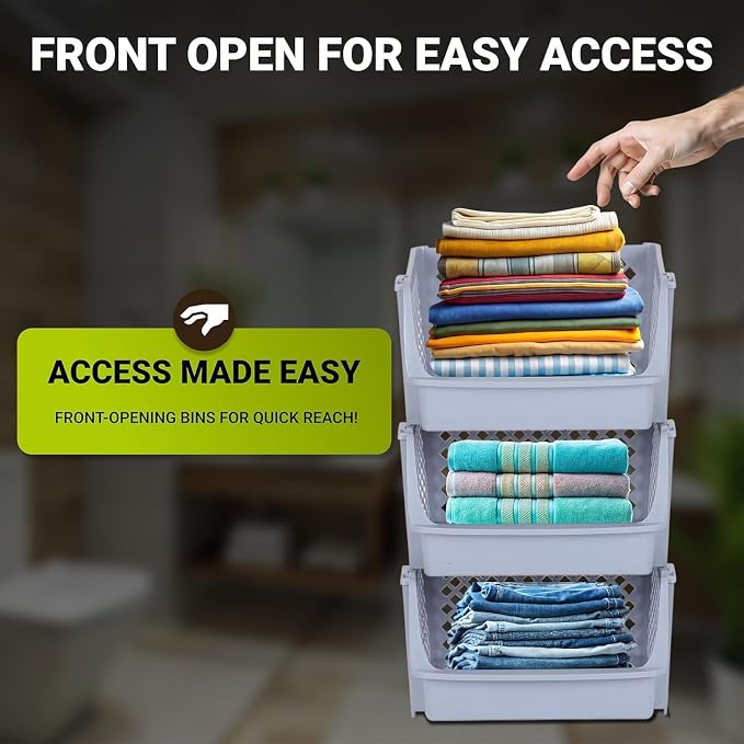 XLarge Stackable Storage Bins Open Front for Pantry, 6 Pack - Light Grey | Sturdy Plastic, Easy Stacking, Open Front Access, Ventilated Sides, Vertical & Space Saving Pantry Organizers and Storage Bin - Image 6