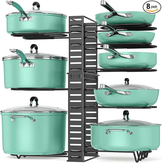 Pots and Pans Organizer Under Cabinet Expandable, 8-Tier Adjustable | Expandable 11.7–19", 3 DIY Modes, Tool-Free Assembly, Non-Slip, Fits Pots 6–11", For Kitchen Cabinets, Shelves & Countertops by ORDORA