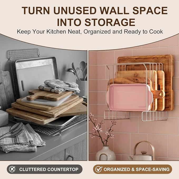 Geetery Wall Mount Cutting Board Rack 6-slot Metal Wire Polished Stainless Steel Cutting Board Organizer Holder for Commercial Kitchen Fits Baking Sheets and Pans Lids 9.5" x 7.4" x 10.5" - Image 4