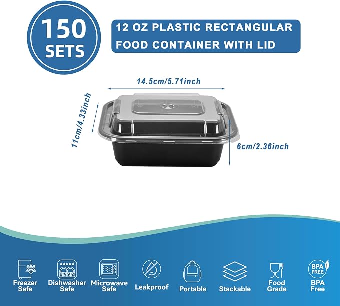 12oz Food Storage Containers with Lids, 150 Sets Disposable Meal Prep Boxes | Small Single Serving Meal Prep Boxes,Leak-Proof, Microwave Freezer Safe,To-Go Containers For Portion Control & Catering - Image 2