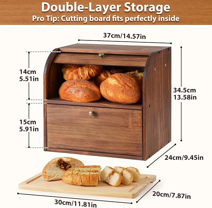 Sunhoo Wooden Bread Box for Kitchen Countertop, Roll Top Breadbox, Brown | Large Double Layer Pantry Container, Solid Wood with Cutting Board, Fresh Homemade Sourdough Bin Cabinet, Vintage Farmhouse - Image 5