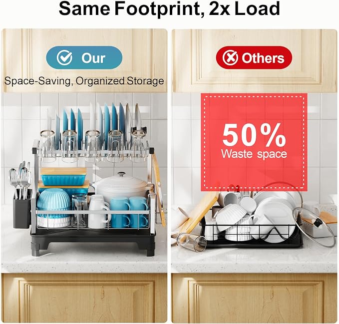 Stainless Steel Dish Drying Rack 2 Tier, Compact Dish Racks for Kitchen Counter with Cutting Board Holder, Auto-Drain Spout, Rust Proof Dish Drainer for Apartment, 21" L x 12.6" W, Silver - Image 5