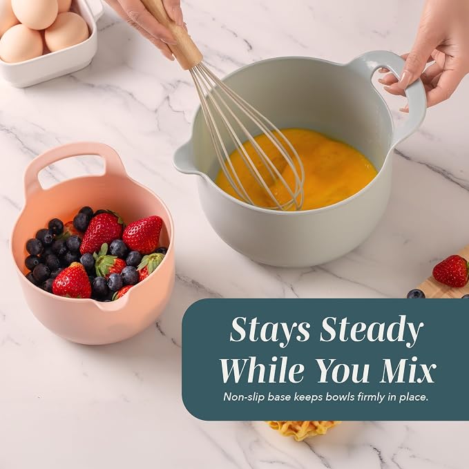COOK WITH COLOR Nesting Plastic Mixing Bowl Set with Pour Spouts and Handles, Teal and Pink, 4 Piece Non-Slip - Image 6