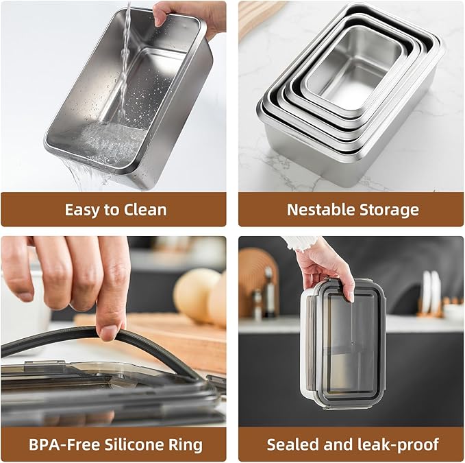 18/10 Stainless Steel Freezer Storage Containers Set of 2, 47oz 94oz Food Container Leak Proof Metal Meal Prep Containers (1400ml/2800ml) - Image 3