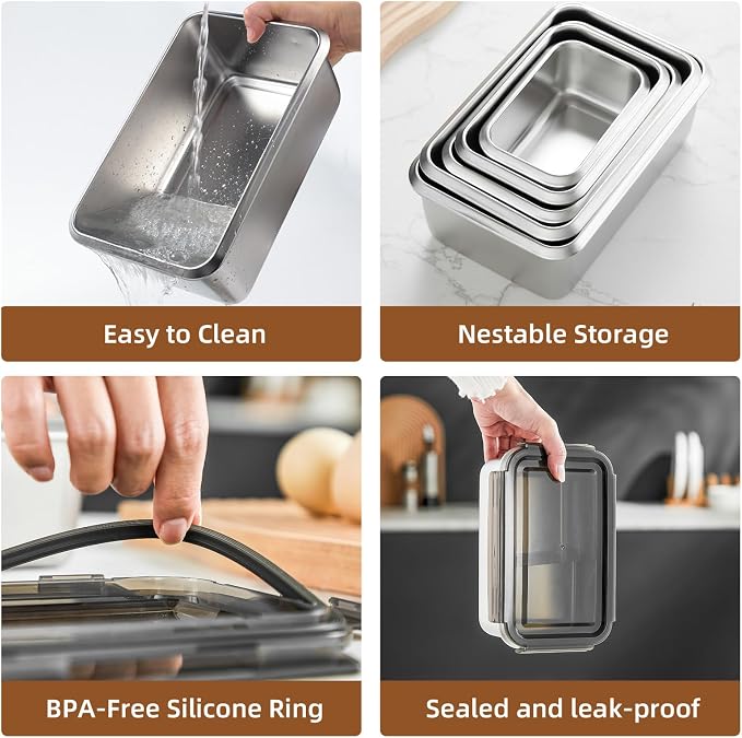 18/10 Stainless Steel Freezer Storage Containers With Lids, 94oz Food Container Leak Proof Metal Meal Prep Containers (2800ml) - Image 3