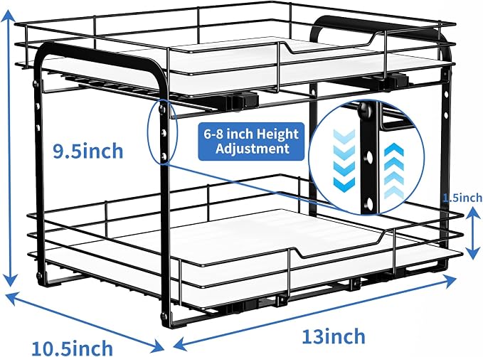 BOIVSHI 2-Tier Pull Out Spice Rack, Spice Rack Organizer, Pull Out Spice Racks for Inside Cabinets, Height Adjustable Heavy Duty Metal Basket for Inside Cabinet & Pantry (13.5''Wx10.5''Dx9.5''H) - Image 6