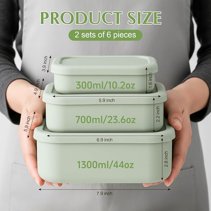 2 Sets of 6 Silicone Food Storage Containers, Reusable Lunch Bento Box with Lid, Hard Shell Storage Containers, Microwave Dishwasher Freezer Safe, 10 oz, 23.6 oz, 44 Ounce(Sage Green) - Image 2