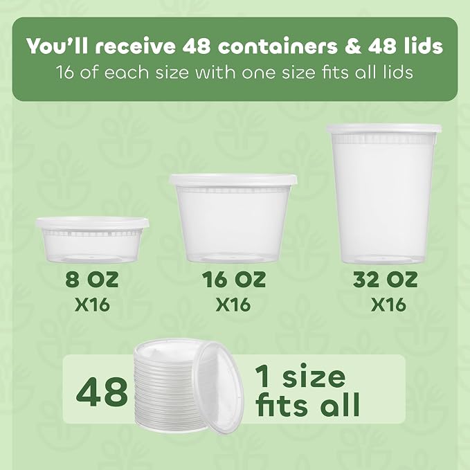 48 Sets Plastic Deli Containers with Lids - 8oz, 16oz Pint & 32oz Quart | Leak Proof, Microwaveable, Dishwasher & Freezer Safe - Plastic Food Storage, Meal Prep, Restaurant & Soup Containers - Image 2