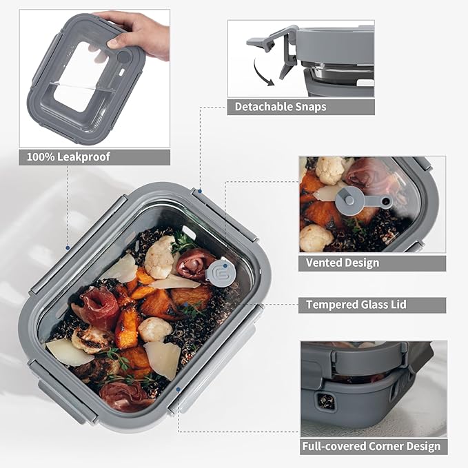 5 Pc Glass Meal Prep Containers with Glass Lids | 22 oz Airtight leakproof Food Storage Containers with Silicone Sleeves, BPA-Free, microwave, freezer & dishwasher safe - Image 4
