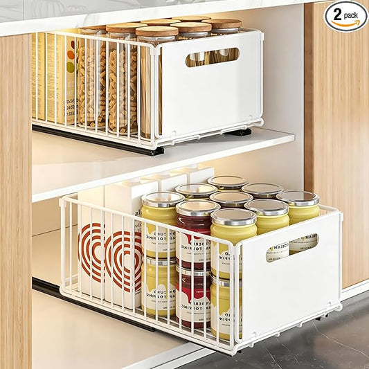 2 Pack Pull Out Cabinet Organizer, Heavy Duty Slide Out Drawer with No Drill Adhesive or Screw Mount, Carbon Steel Roll Out Shelf for Kitchen Cabinet, Pantry & Bathroom Storage by NECHEGI