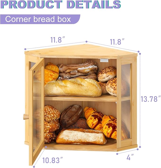 Corner Bread box for Kitchen Countertop,Farmhouse Bread Box with Acrylic Wavy Door Panel,Large Bread box for kitchen countertop,Kitchen Countertop Food Storage Container (Natural, Meduim) - Image 2